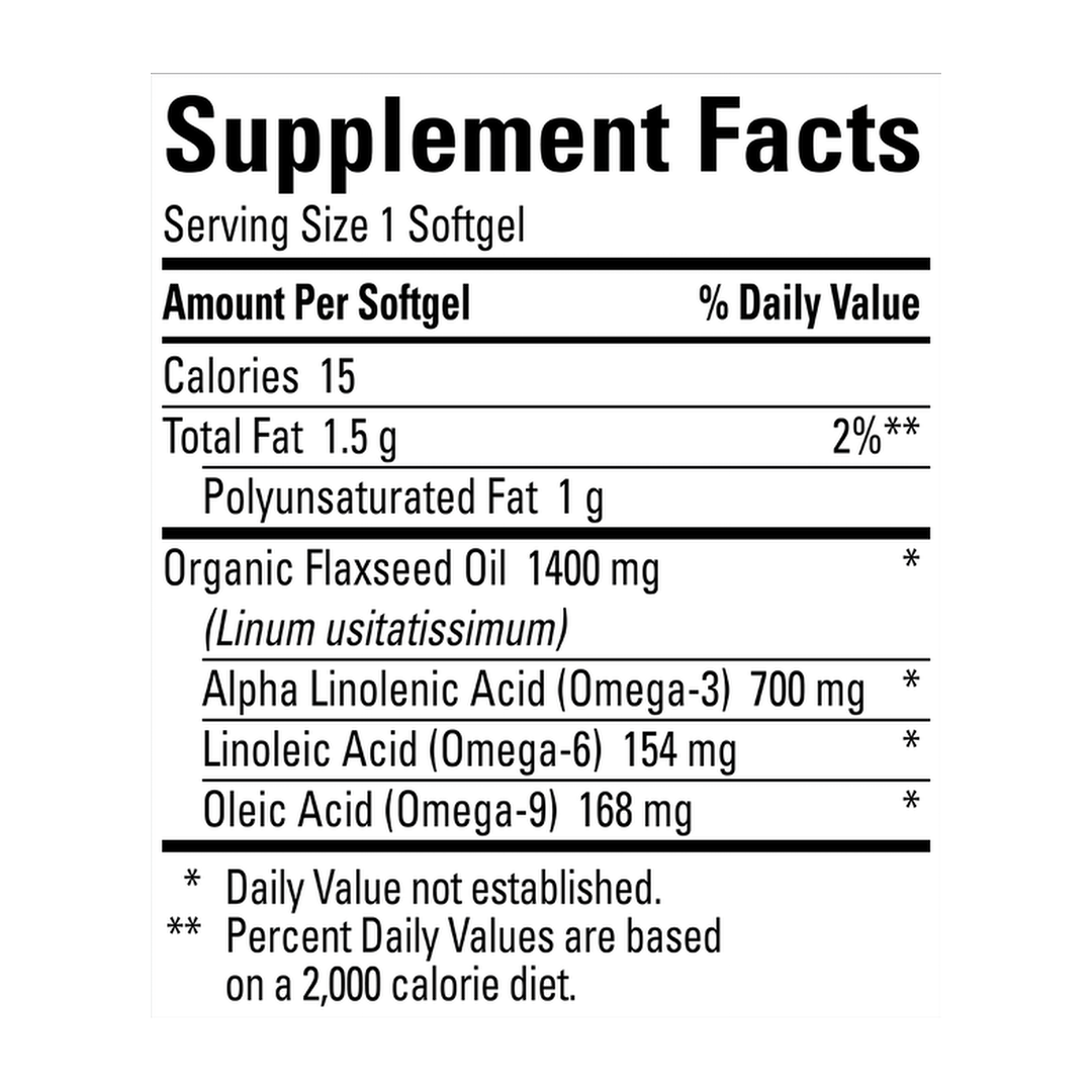 Nature Made, Flaxseed Oil, 100 Softgels supplement facts label showing ingredients, vitamins, minerals, and serving information