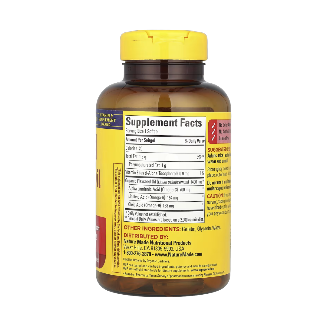 Nature Made, Flaxseed Oil, 100 Softgels back packaging view