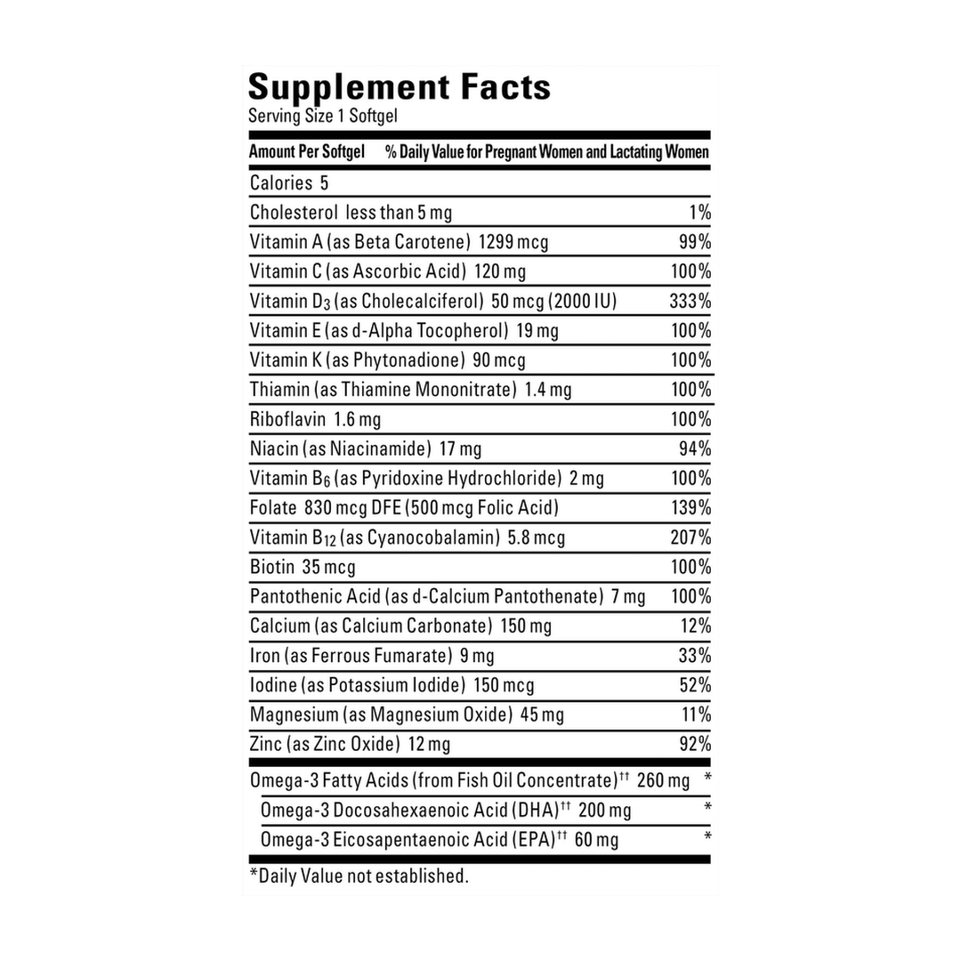 Nature Made, Postnatal Multi + DHA, 60 Softgels supplement facts label showing ingredients, vitamins, minerals, and serving information