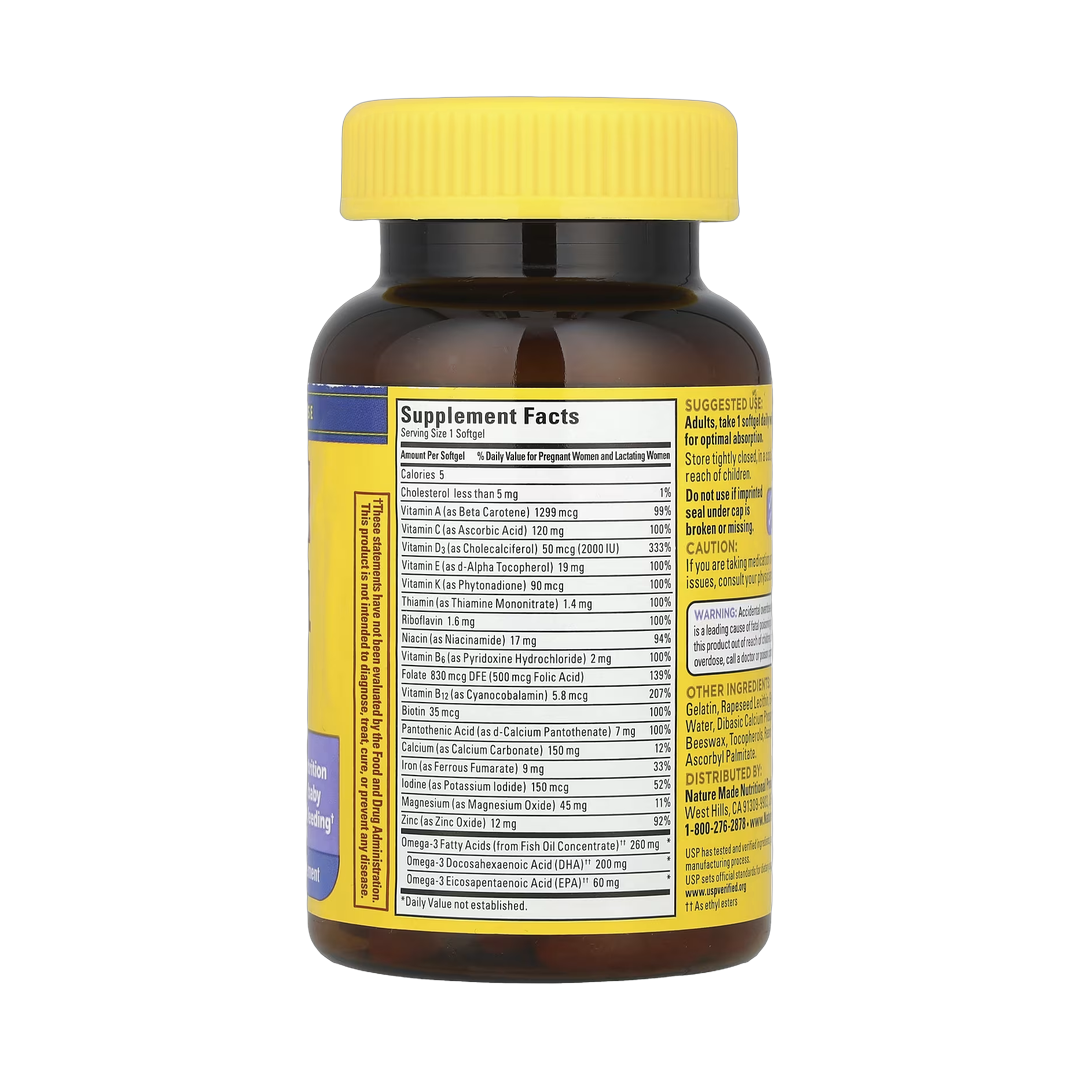 Nature Made, Postnatal Multi + DHA, 60 Softgels back packaging view