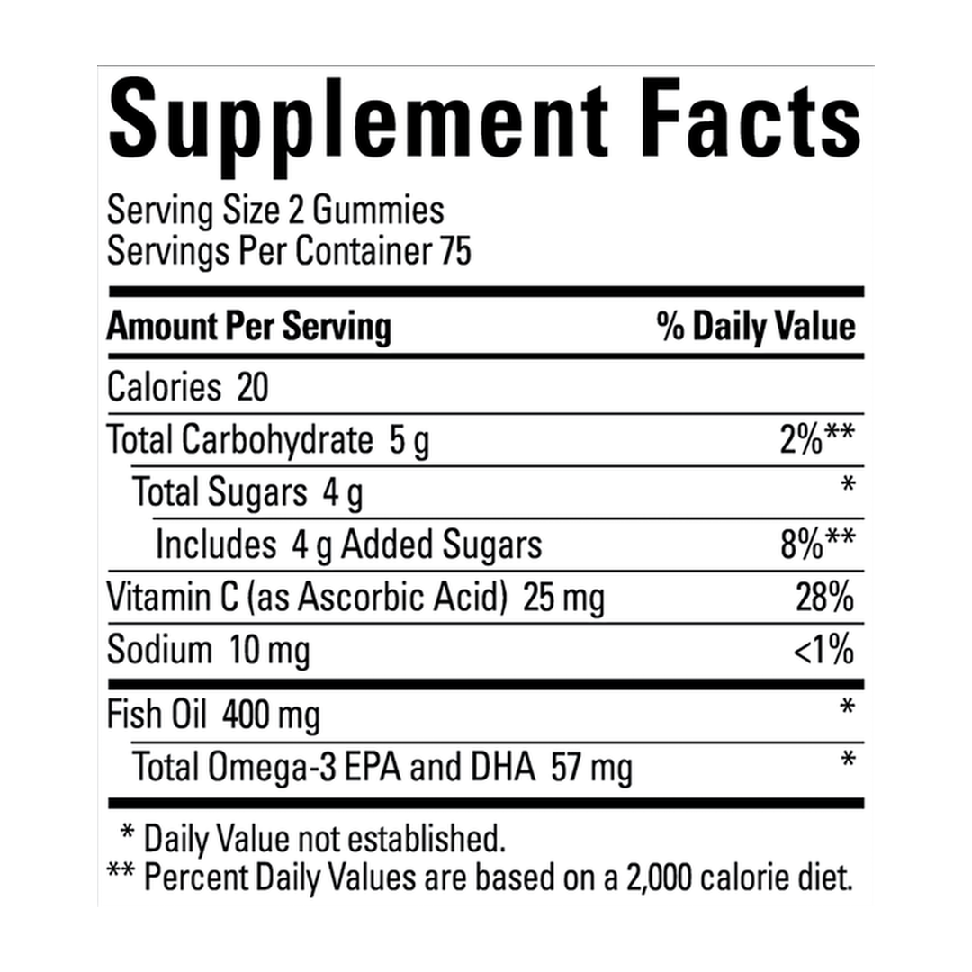 Nature Made, Fish Oil Gummies, Orange , 90 Gummies supplement facts label showing ingredients, vitamins, minerals, and serving information