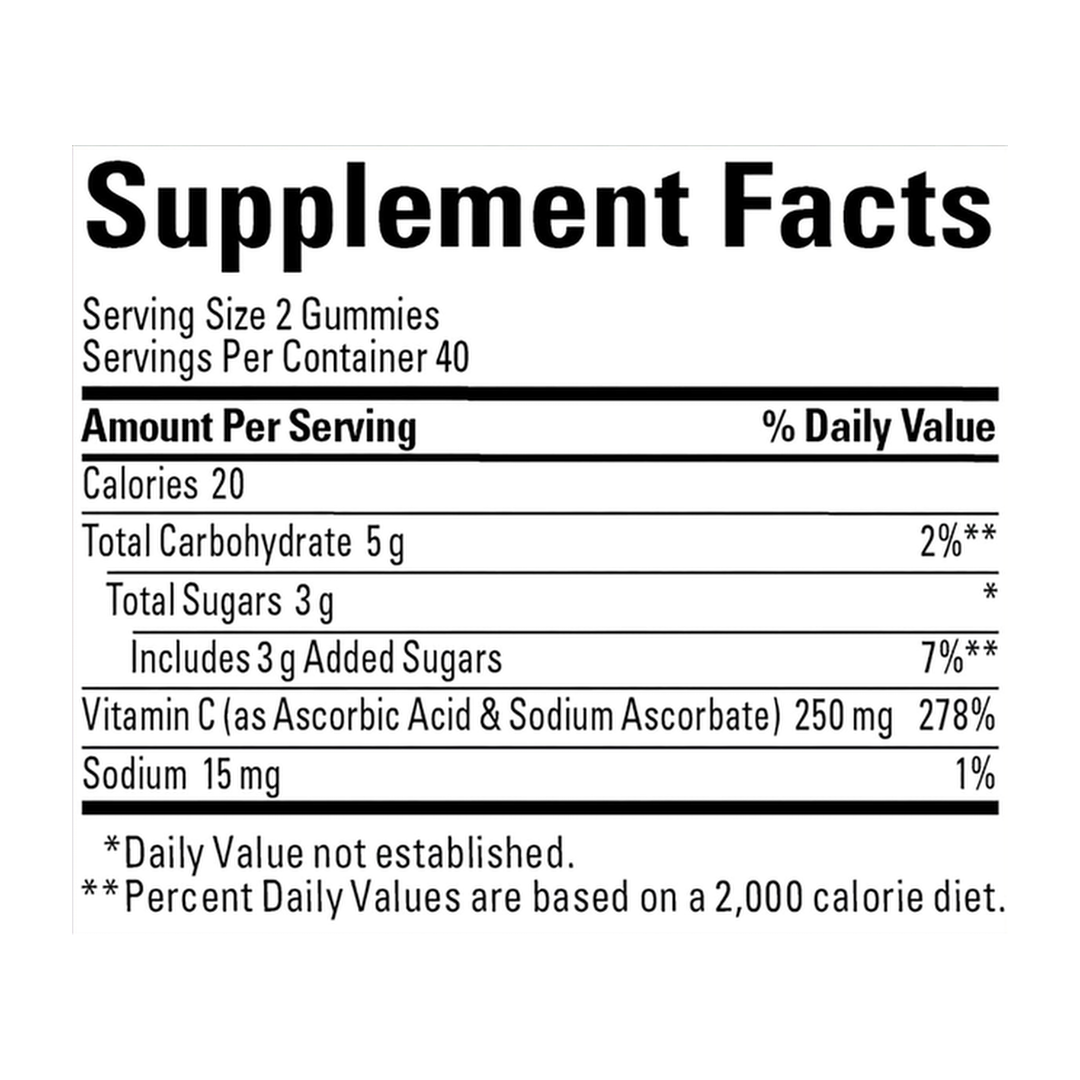 Nature Made, Vitamin C Gummies, Tangerine, 80 Gummies supplement facts label showing ingredients, vitamins, minerals, and serving information