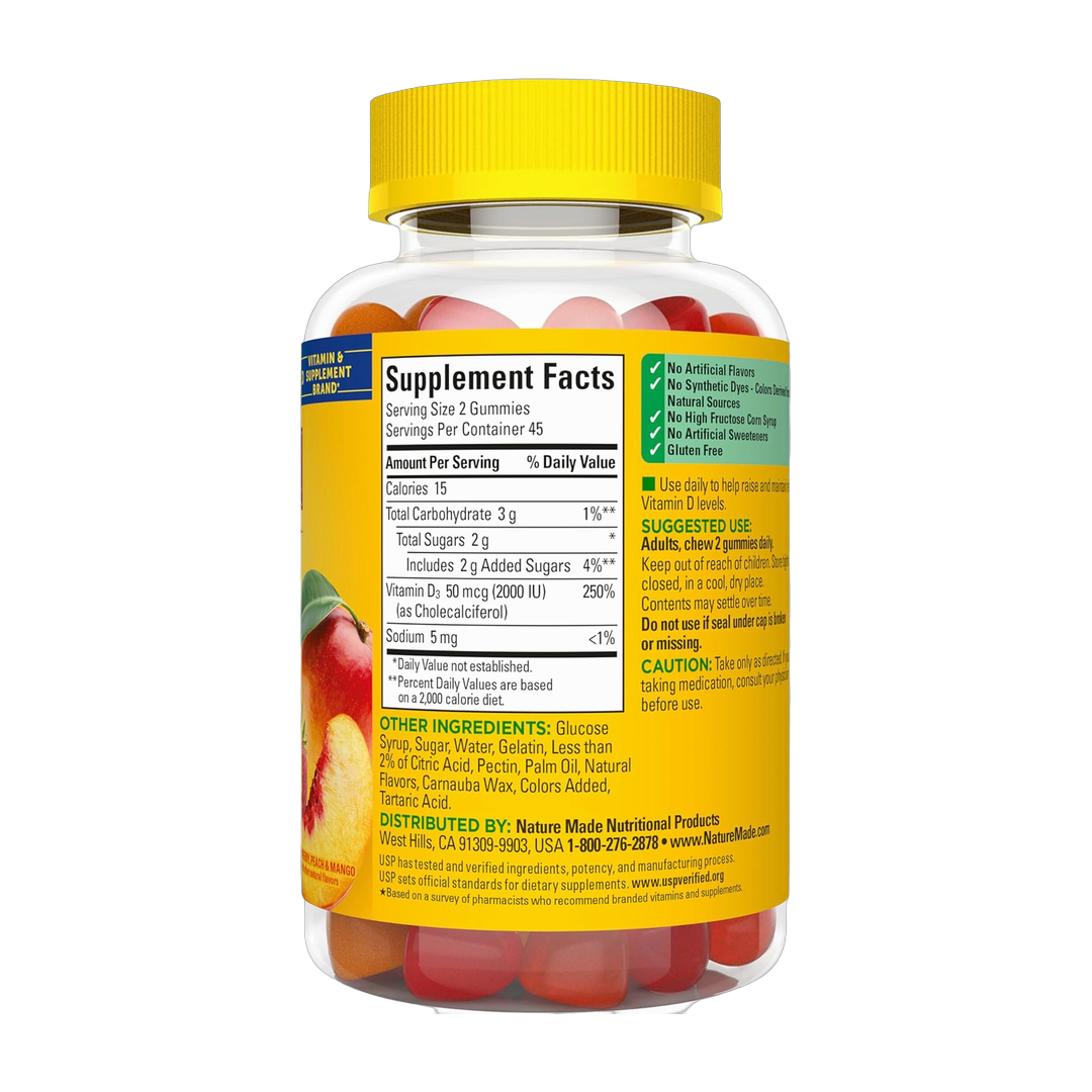 Nature Made, Vitamin D3, 90 Gummies back packaging view