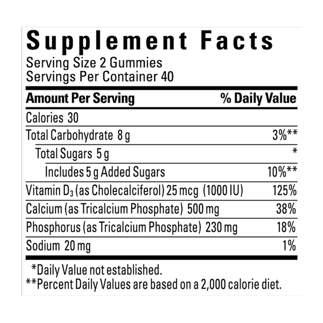Nature Made, Calcium with Vitamin D3 Gummies, Cherry, Orange & Strawberry, 80 Gummies supplement facts label showing ingredients, vitamins, minerals, and serving information