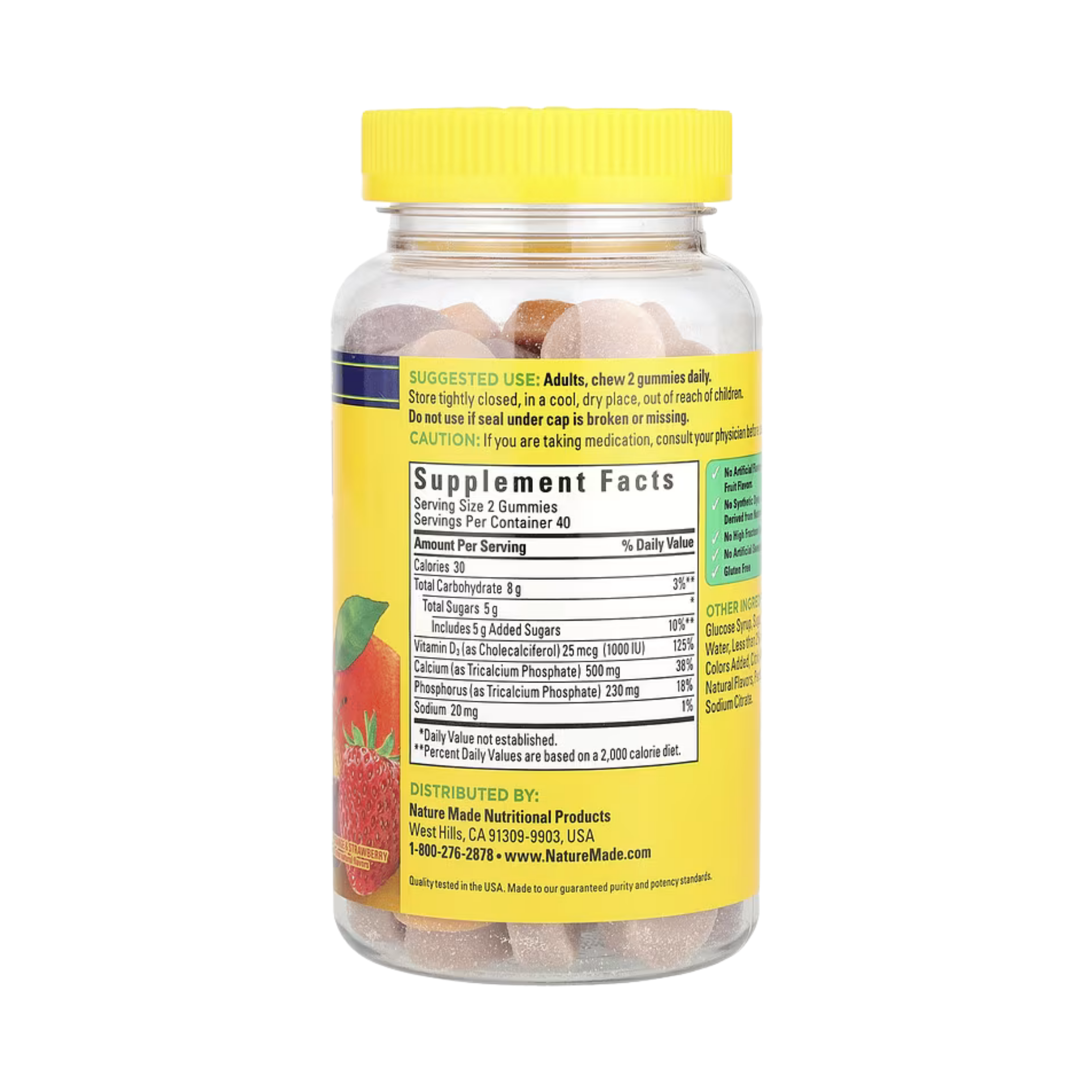 Nature Made, Calcium with Vitamin D3 Gummies, Cherry, Orange & Strawberry, 80 Gummies back packaging view