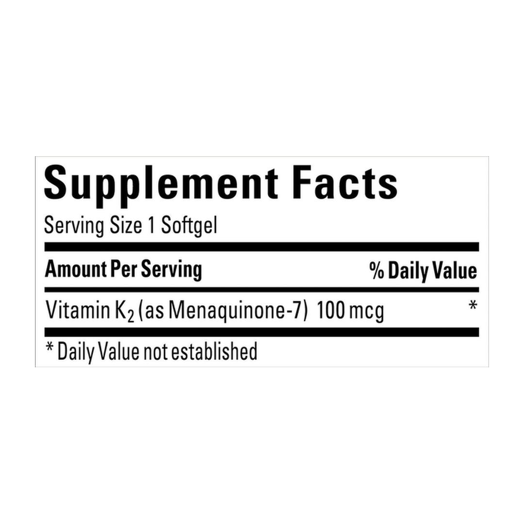 Nature Made, Vitamin K2, 100 mcg, 30 Softgels supplement facts label showing ingredients, vitamins, minerals, and serving information