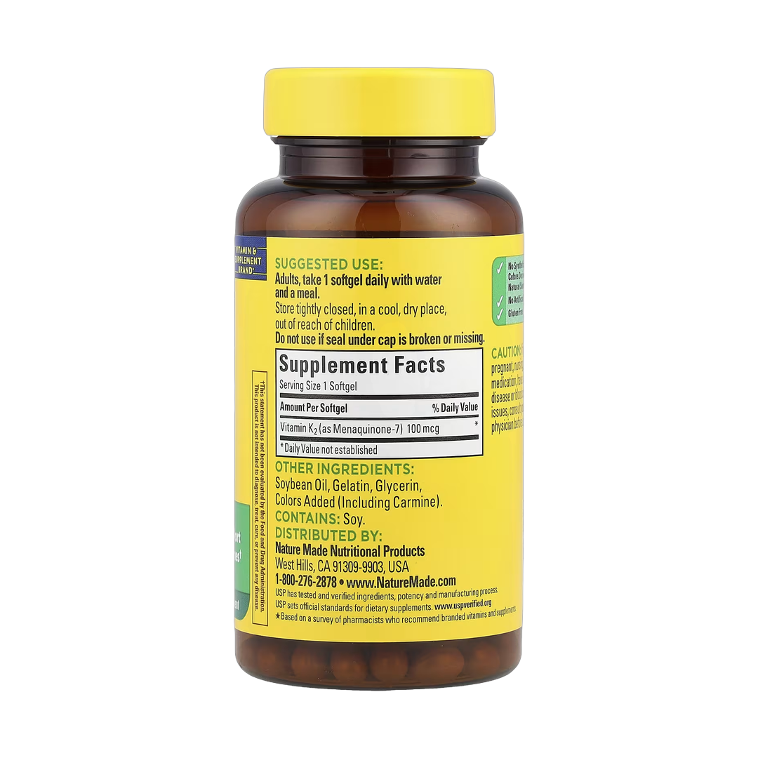 Nature Made, Vitamin K2, 100 mcg, 30 Softgels back packaging view