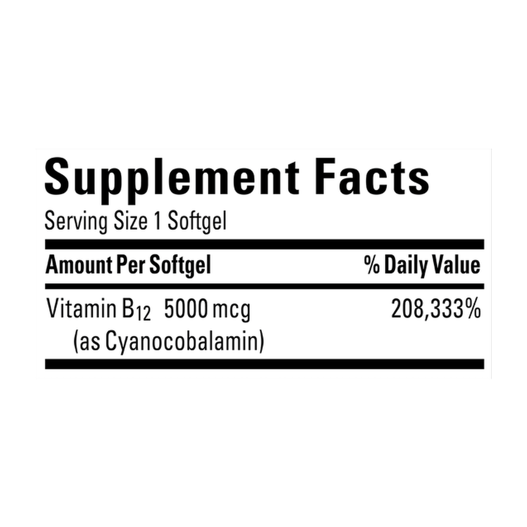 Nature Made, Vitamin B12, Maximum Strength, 5,000 mcg, 60 Softgels supplement facts label showing ingredients, vitamins, minerals, and serving information