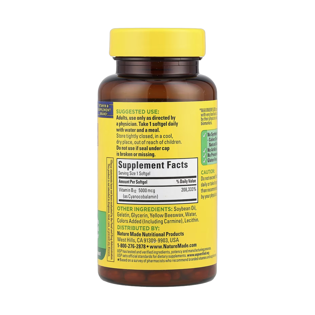Nature Made, Vitamin B12, Maximum Strength, 5,000 mcg, 60 Softgels back packaging view