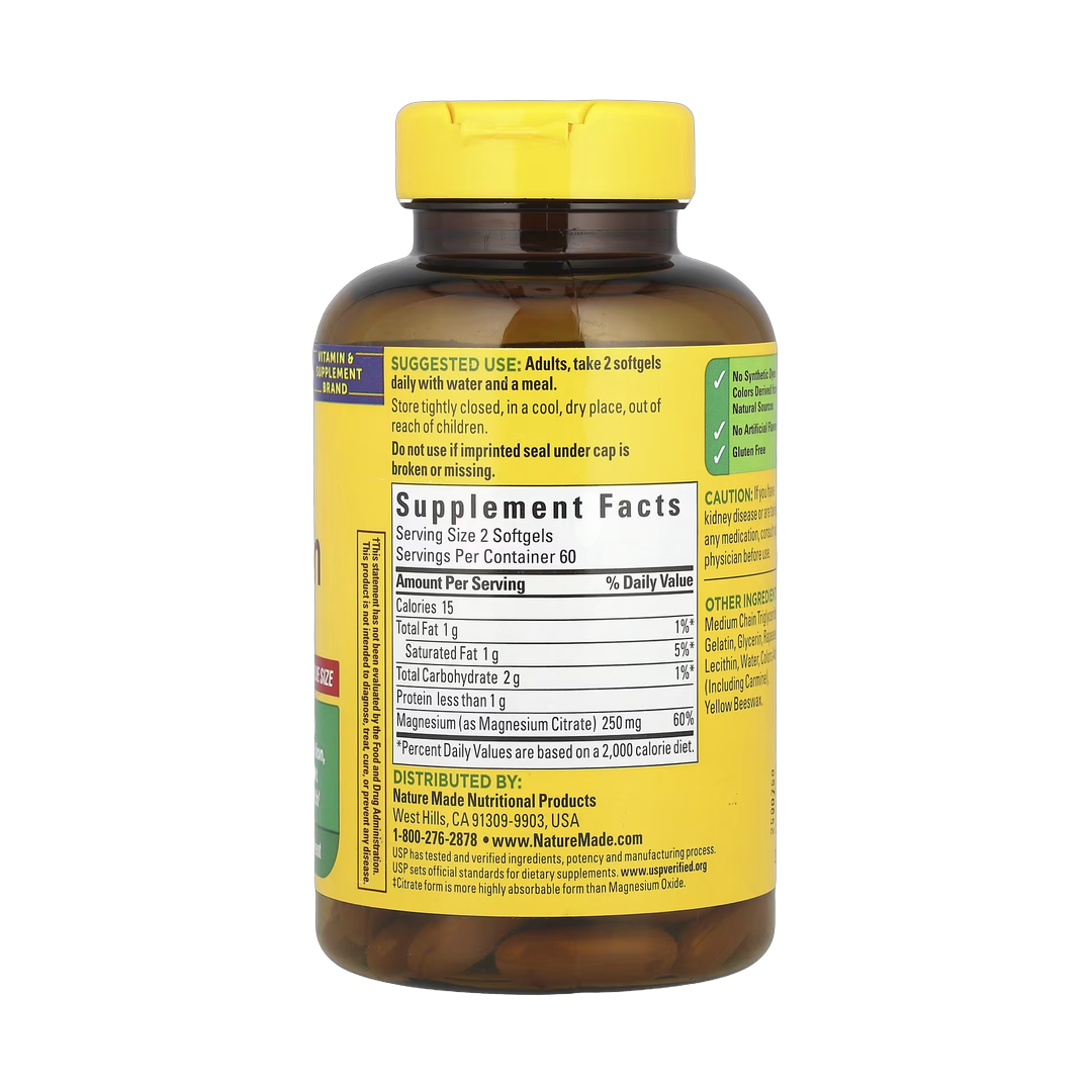 Nature Made, Magnesium Citrate, 120 Softgels back packaging view