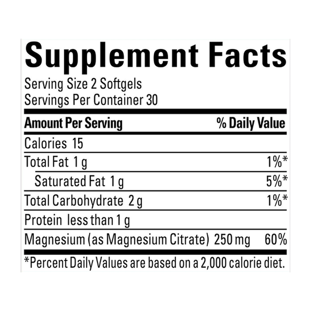 Nature Made, Magnesium Citrate, 60 Softgels supplement facts label showing ingredients, vitamins, minerals, and serving information