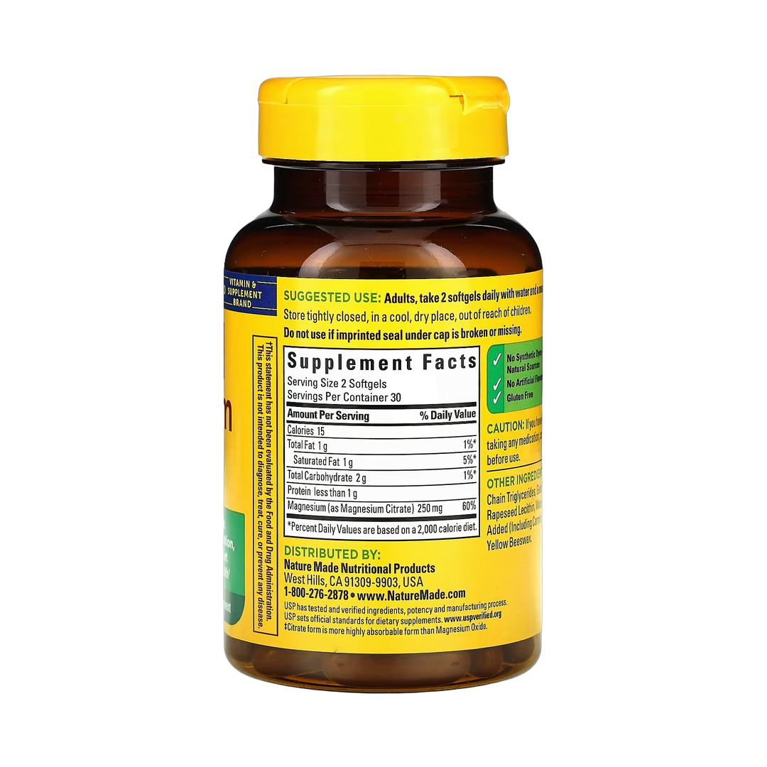 Nature Made, Magnesium Citrate, 60 Softgels back packaging view