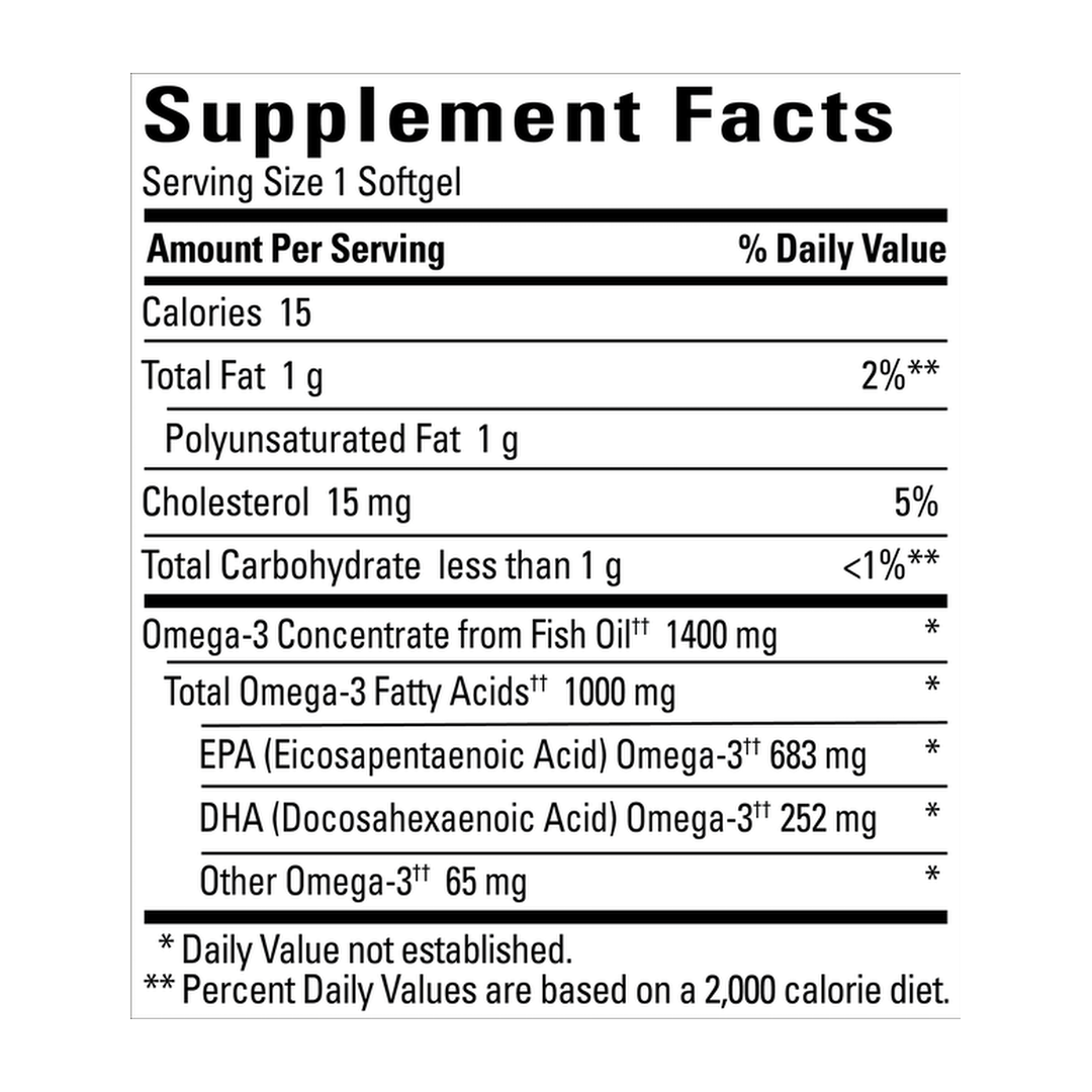 Nature Made, Ultra Omega-3 Fish Oil, 1400 mg, 90 Softgel supplement facts label showing ingredients, vitamins, minerals, and serving information