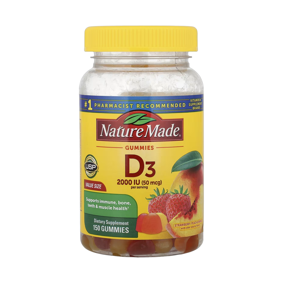 Nature Made, Vitamin D3 Gummies, Strawberry, Peach & Mango, 150 Gummies front packaging view
