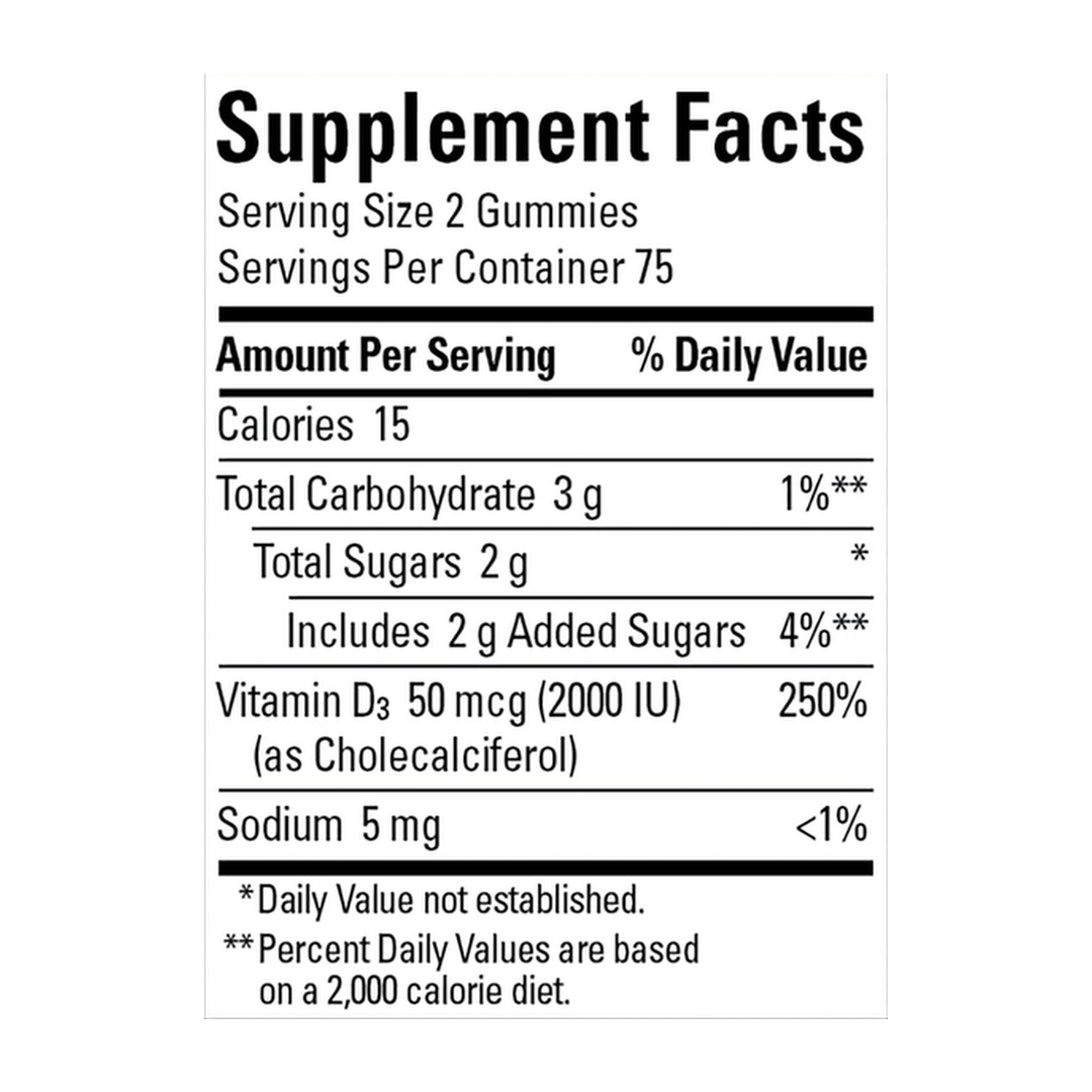 Nature Made, Vitamin D3 Gummies, Strawberry, Peach & Mango, 150 Gummies supplement facts label showing ingredients, vitamins, minerals, and serving information