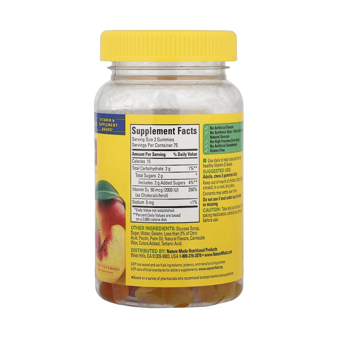 Nature Made, Vitamin D3 Gummies, Strawberry, Peach & Mango, 150 Gummies back packaging view