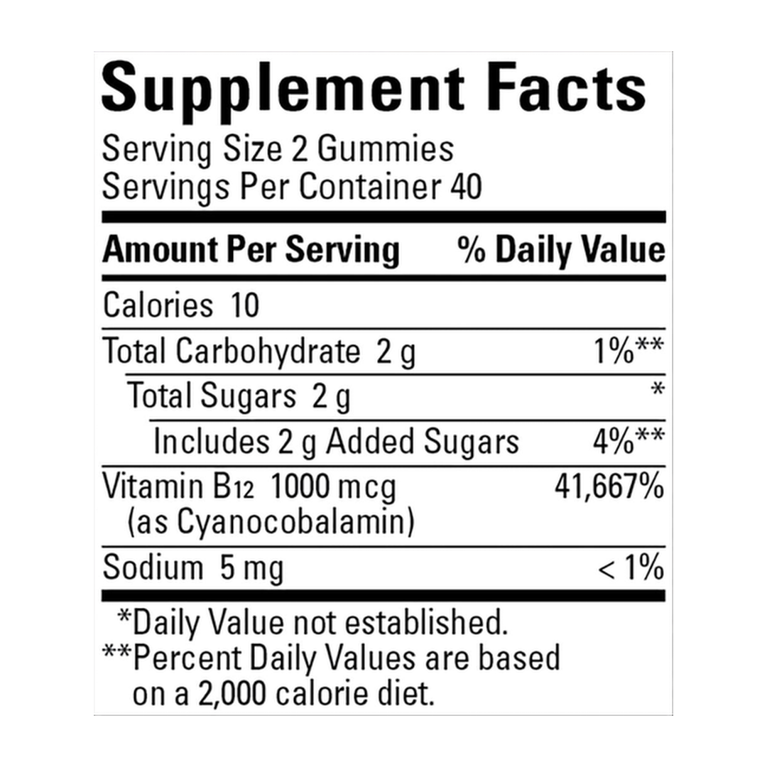 Nature Made, Vitamin B12, 1000 mcg, 80 Gummies supplement facts label showing ingredients, vitamins, minerals, and serving information
