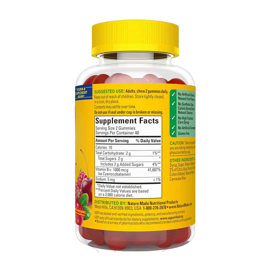 Nature Made, Vitamin B12, 1000 mcg, 80 Gummies back packaging view