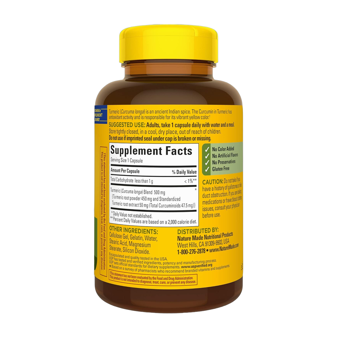 Nature Made, Turmeric Curcumin, 500 mg, 120 Capsules back packaging view
