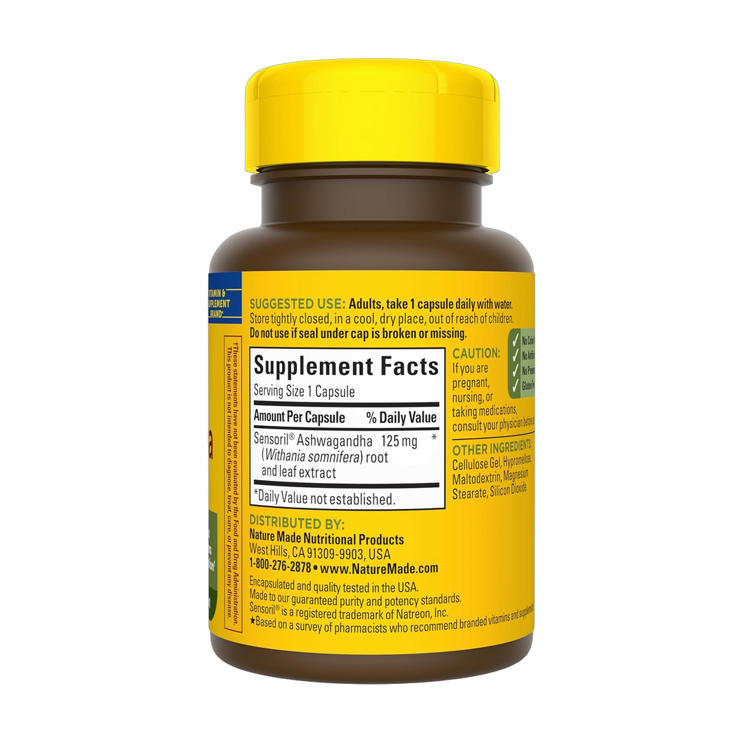 Nature Made, Ashwagandha, 60 Capsules back packaging view