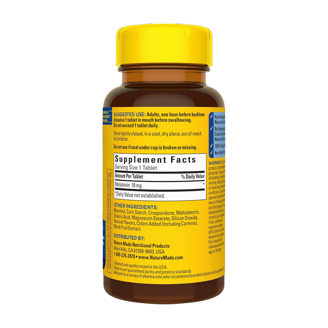 Nature Made, Melatonin, 10 mg Fast Dissolve, 45 Tablets back packaging view