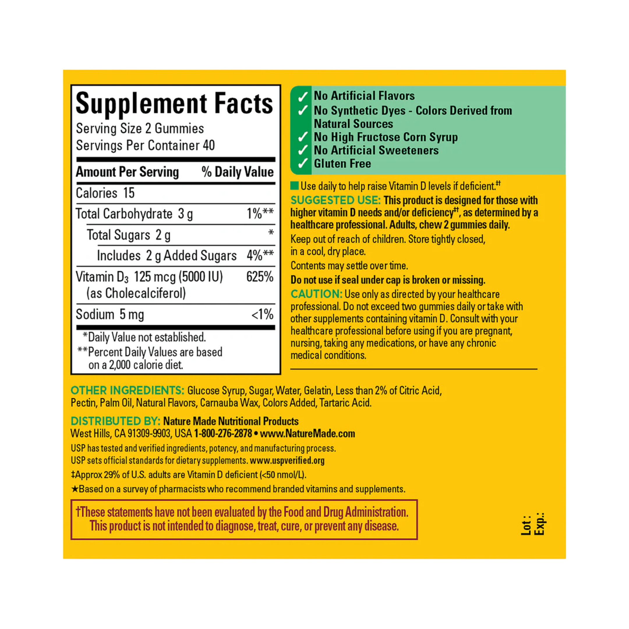 Nature Made, Vitamin D3, 5000 IU, 80 Gummies back packaging view