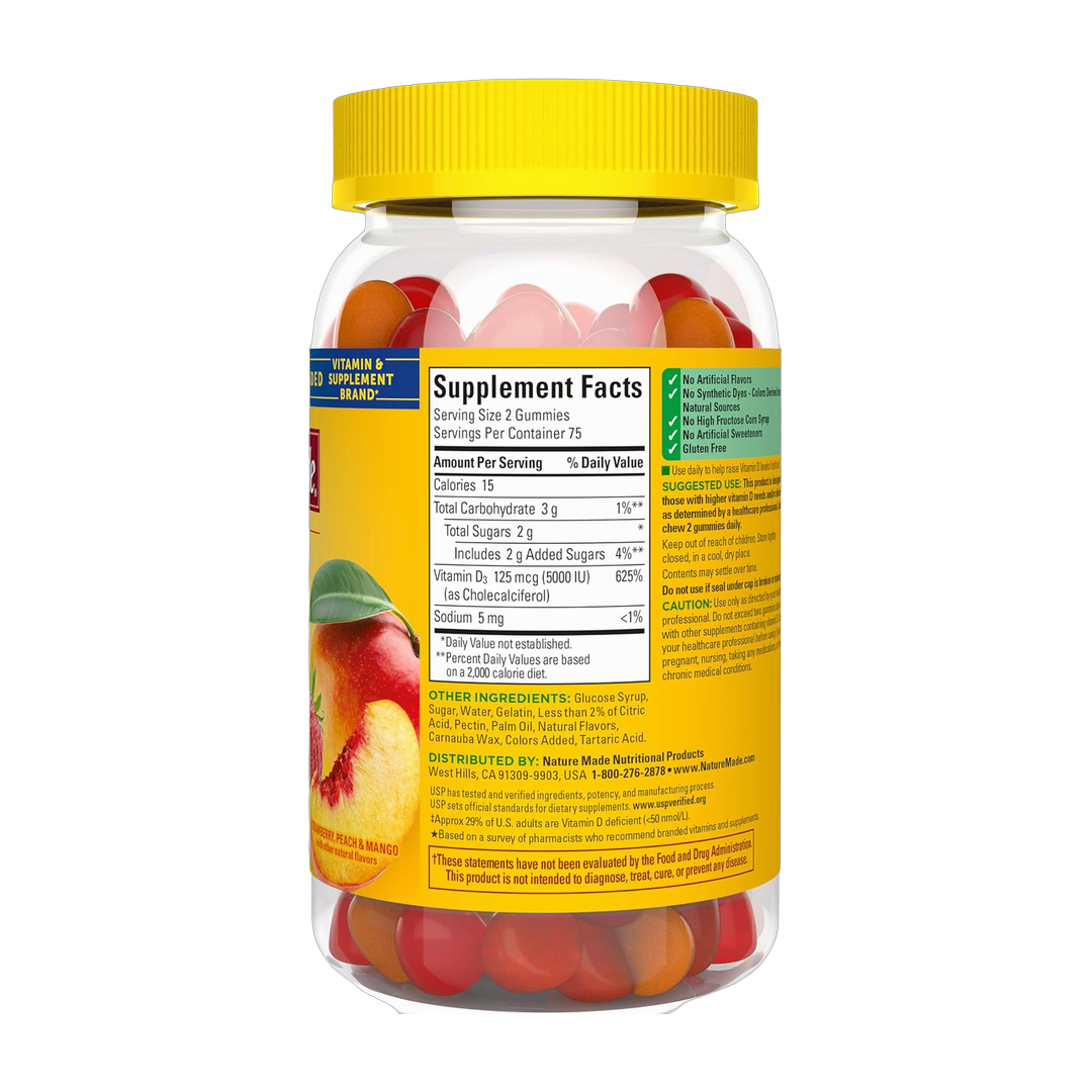 Nature Made, Vitamin D3, 5000 IU, 150 Gummies back packaging view