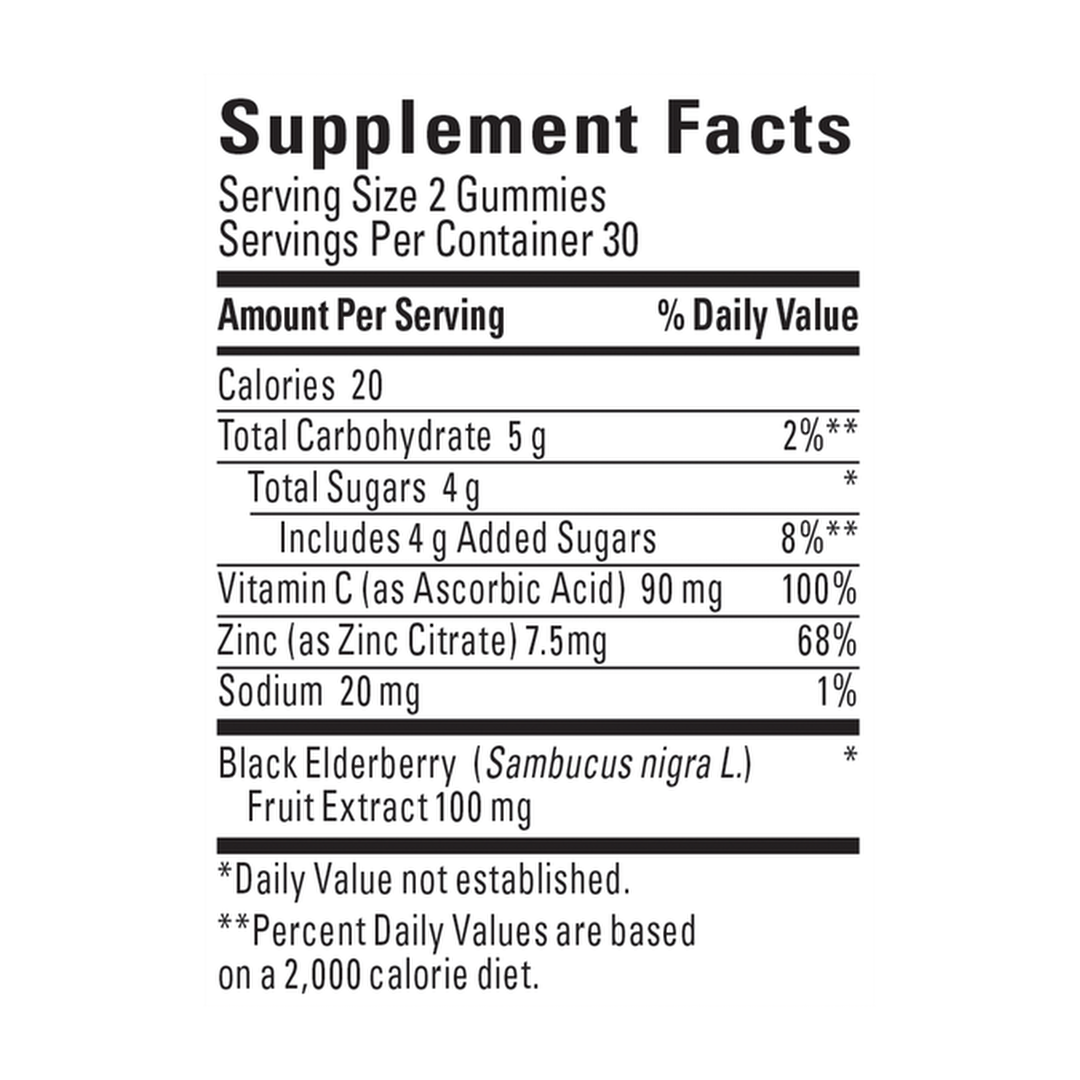 Nature Made, Elderberry Gummies with Vitamin C and Zinc, 60 Gummies supplement facts label showing ingredients, vitamins, minerals, and serving information