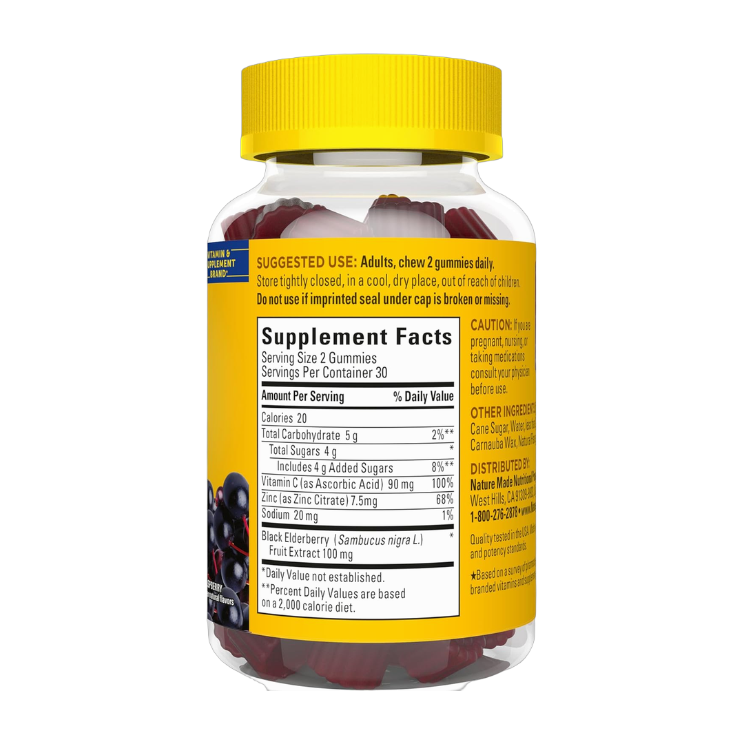 Nature Made, Elderberry Gummies with Vitamin C and Zinc, 60 Gummies back packaging view
