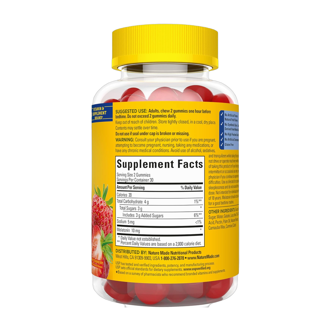 Nature Made, Melatonin, 10 mg, 60 Gummies back packaging view