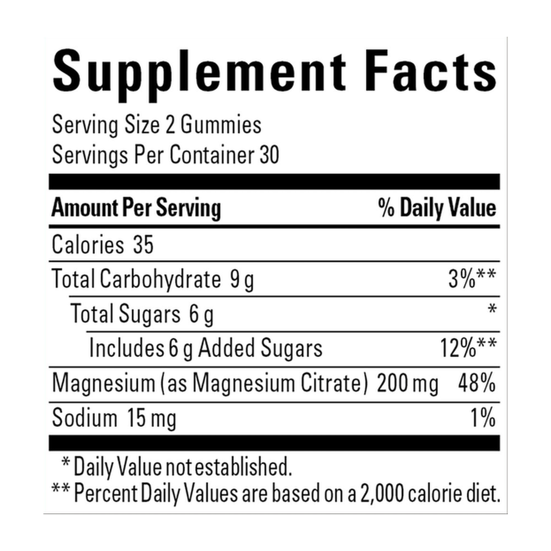 Nature Made, High Absorption Magnesium Citrate, 200 mg, 60 Gummies supplement facts label showing ingredients, vitamins, minerals, and serving information