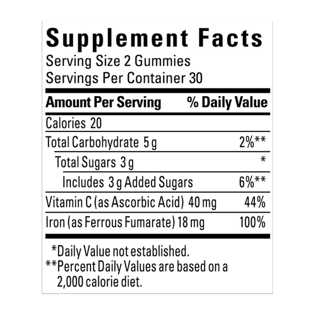 Nature Made, Iron with Vitamin C, 18 mg, 60 Gummies supplement facts label showing ingredients, vitamins, minerals, and serving information