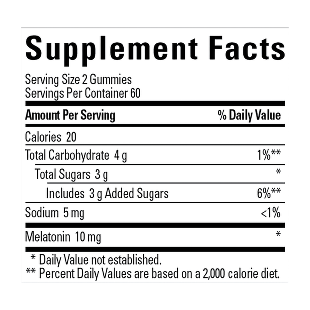 Nature Made, Melatonin, 10 mg , 120 Gummies supplement facts label showing ingredients, vitamins, minerals, and serving information