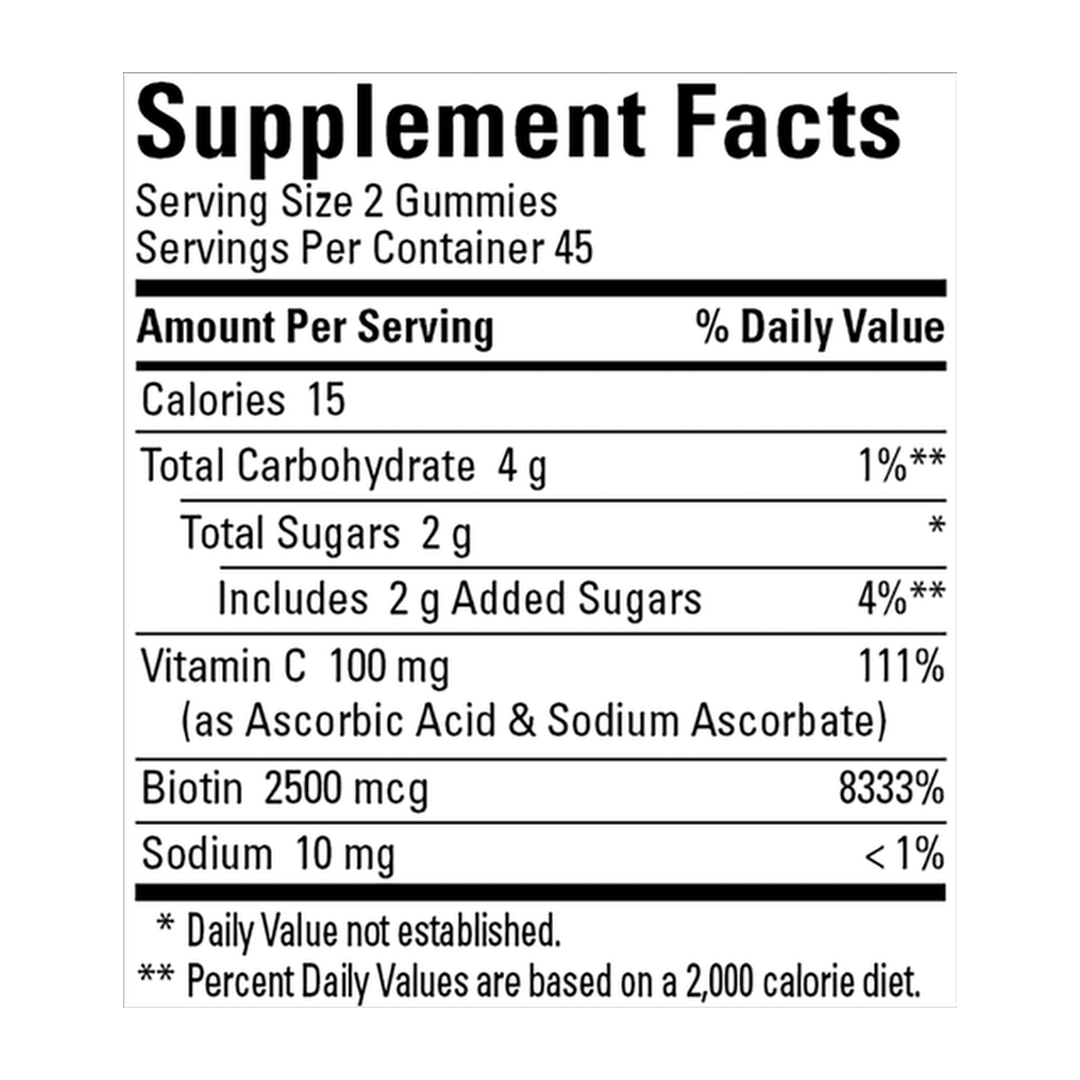 Nature Made, Hair Skin and Nails with Biotin, 2500 mcg, 90 Gummies supplement facts label showing ingredients, vitamins, minerals, and serving information