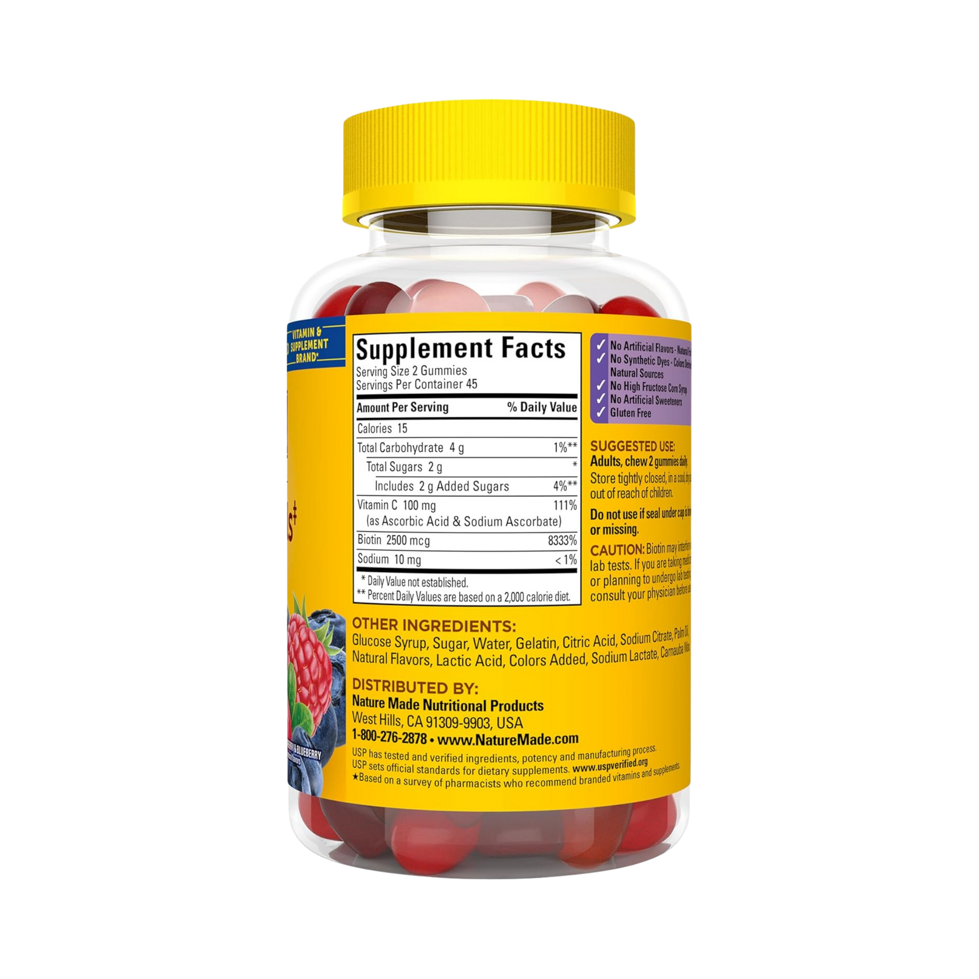 Nature Made, Hair Skin and Nails with Biotin, 2500 mcg, 90 Gummies back packaging view