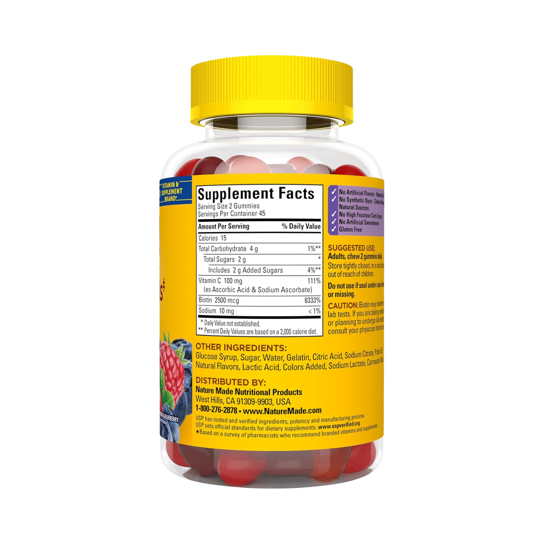 Nature Made, Hair Skin and Nails with Biotin, 2500 mcg, 90 Gummies back packaging view
