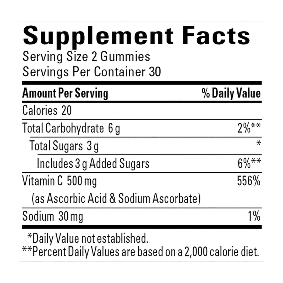 Nature Made, Vitamin C Extra Strength , 500 mg, 60 Gummies supplement facts label showing ingredients, vitamins, minerals, and serving information