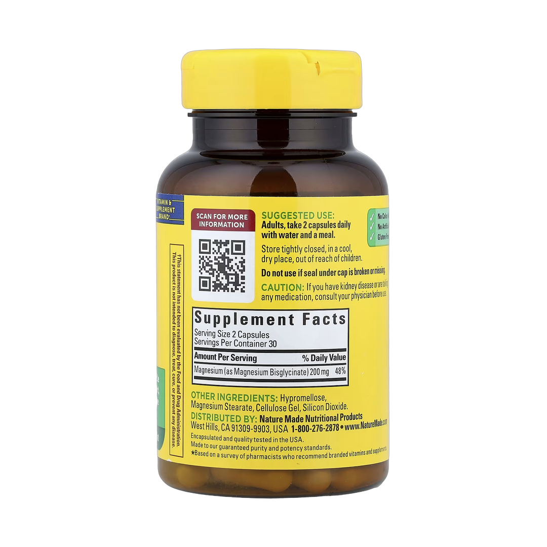 Nature Made, Magnesium Glycinate, 60 Capsules back packaging view