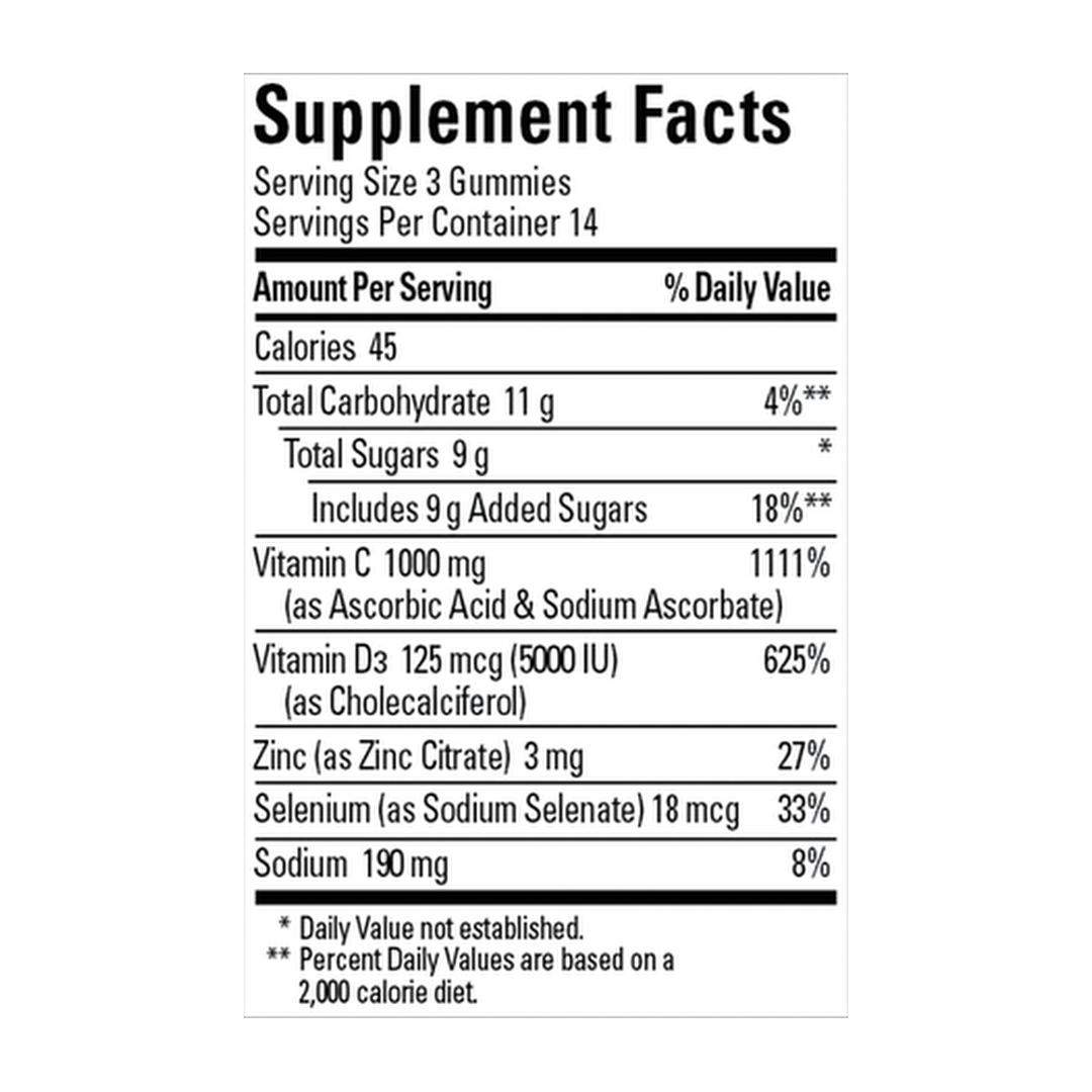 Nature Made, Wellblends™, ImmuneMax® Gummies, Tangerine, 42 Gummies supplement facts label showing ingredients, vitamins, minerals, and serving information