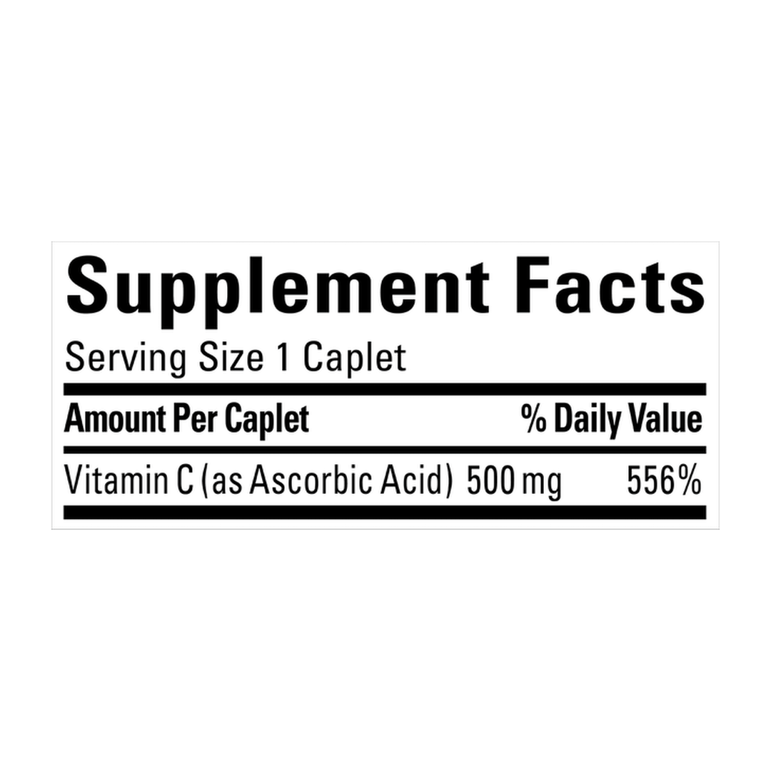 Nature Made, Vitamin C with Rose Hips, 500 mg, 130 Caplets supplement facts label showing ingredients, vitamins, minerals, and serving information