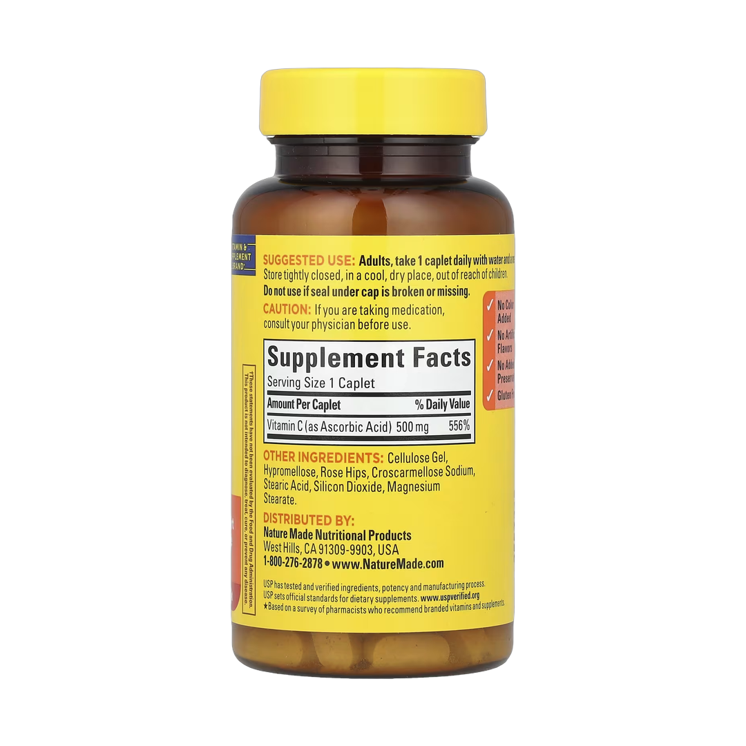 Nature Made, Vitamin C with Rose Hips, 500 mg, 130 Caplets back packaging view