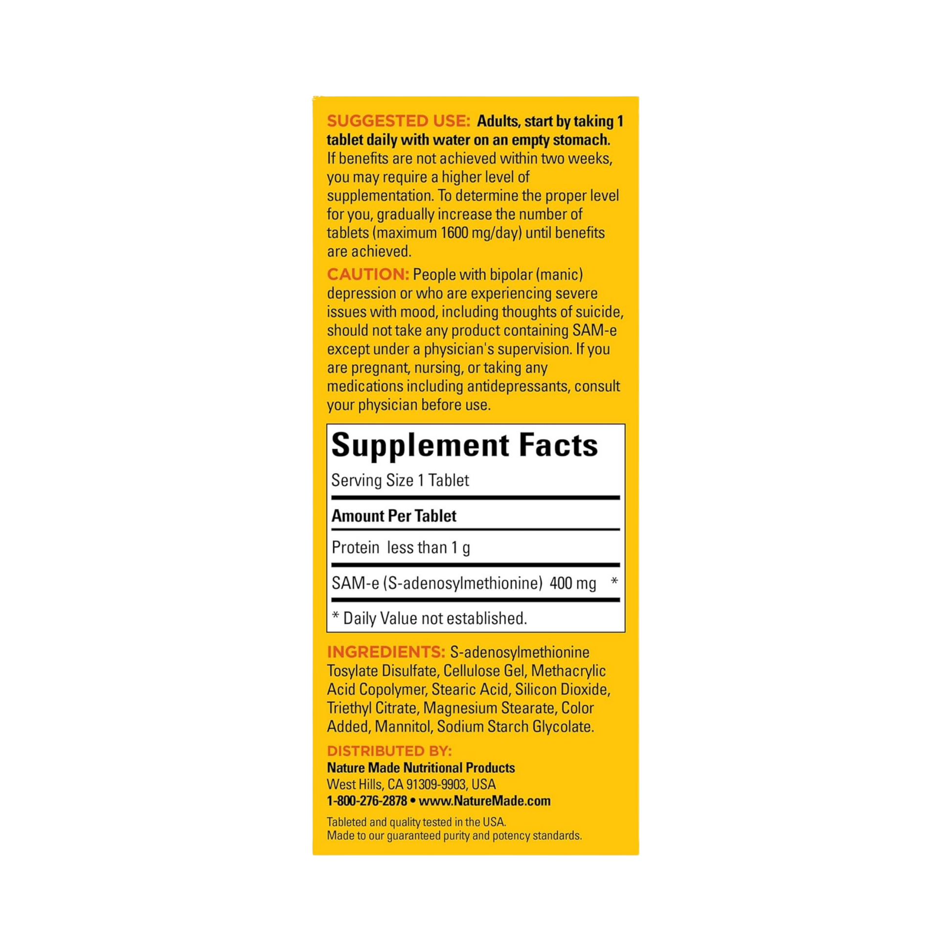 Nature Made, SAM-e Complete, 400 mg, 36 Tablets back packaging view