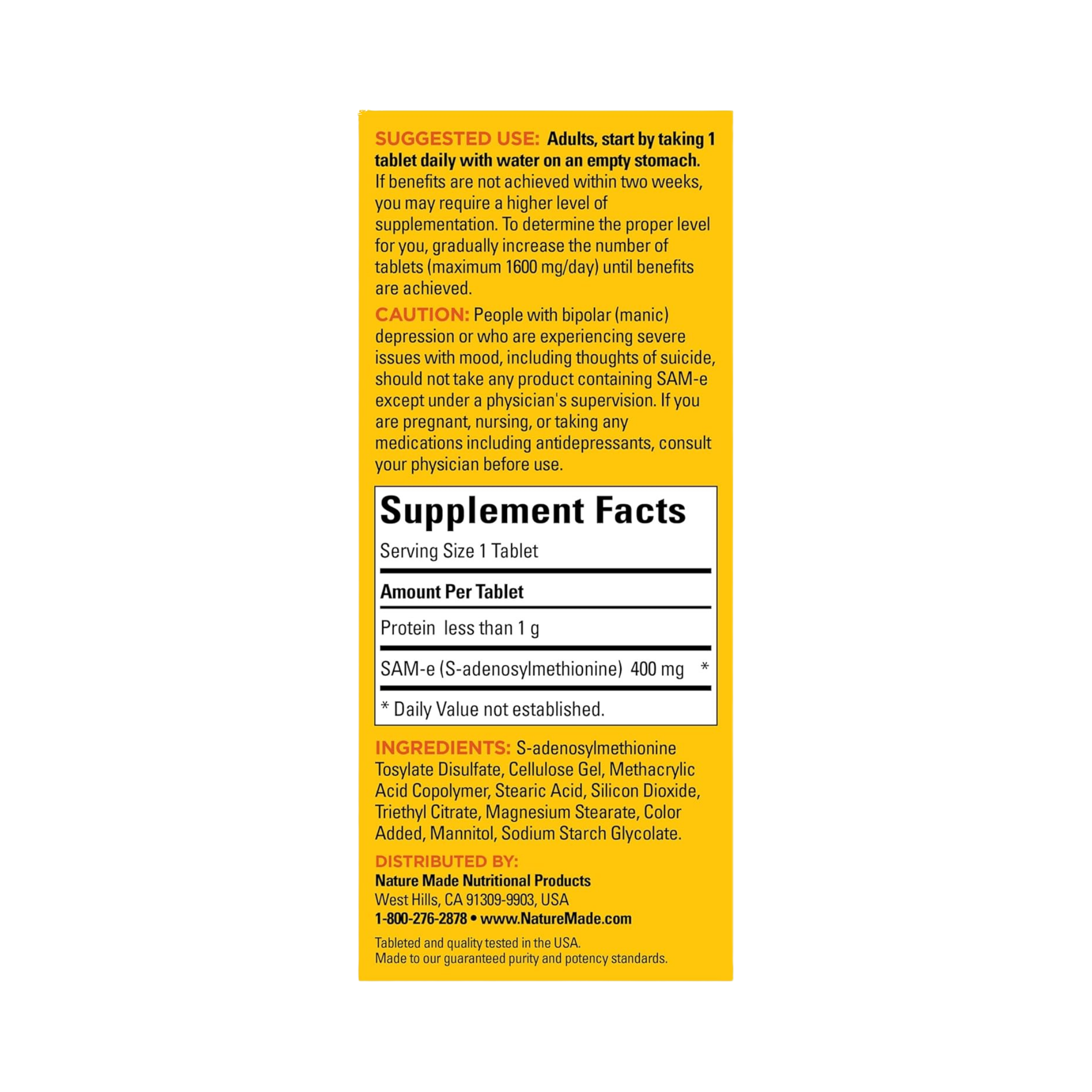 Nature Made, SAM-e Complete, 400 mg, 36 Tablets back packaging view