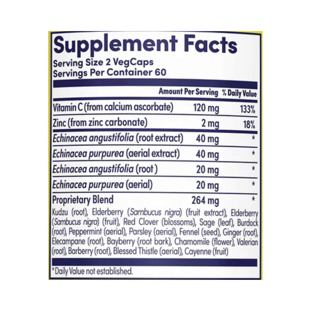 Zand, Naturals, Insure Herbal, Immune Support, 120 Vegetarian Capsules supplement facts label showing ingredients, vitamins, minerals, and serving information