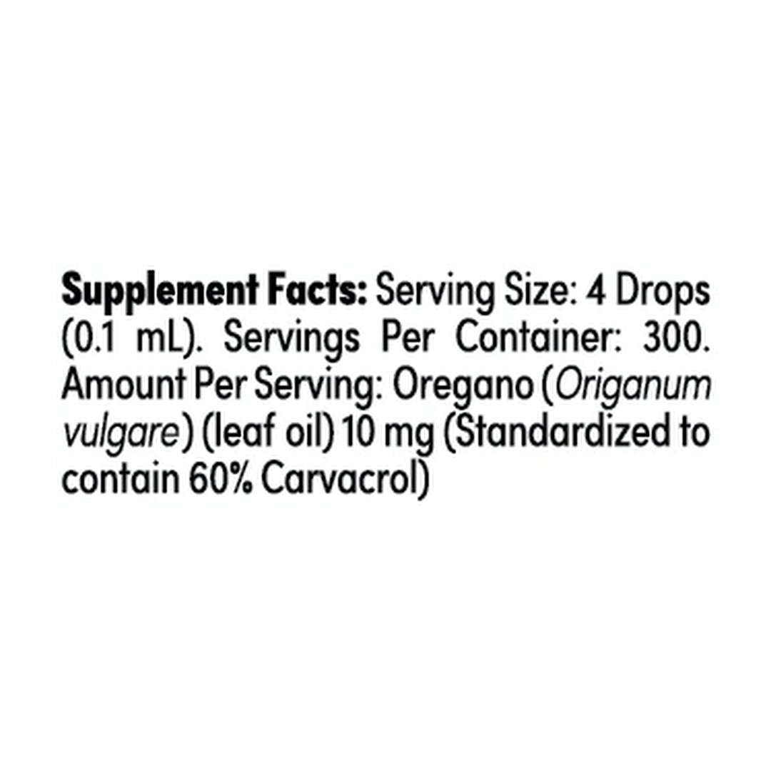 Zand, Immunity, Oregano Oil, 1 fl oz, 30 ml supplement facts label showing ingredients, vitamins, minerals, and serving information