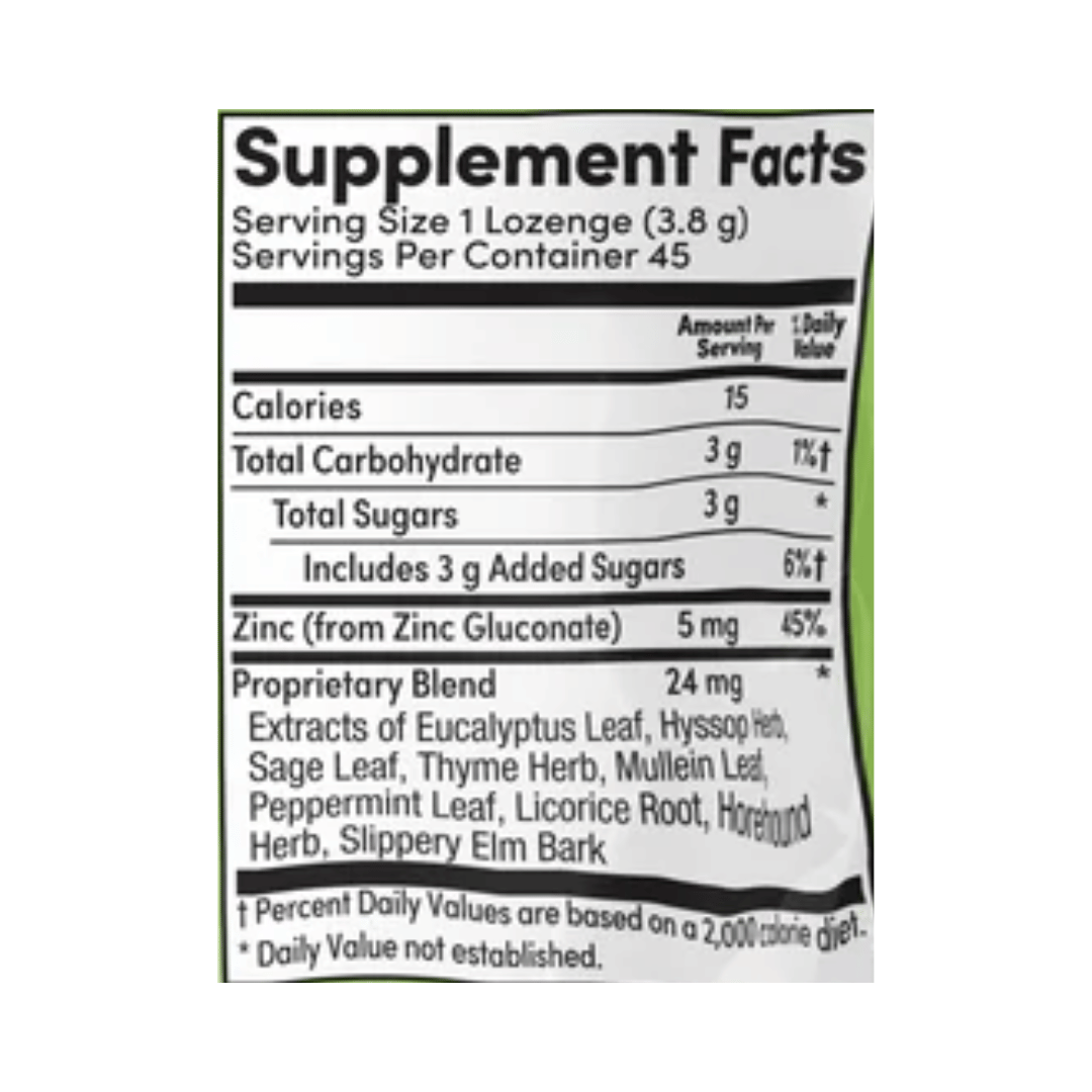 Zand, Immunity, Lemon Zinc, Natural, 45 Lozenges supplement facts label showing ingredients, vitamins, minerals, and serving information