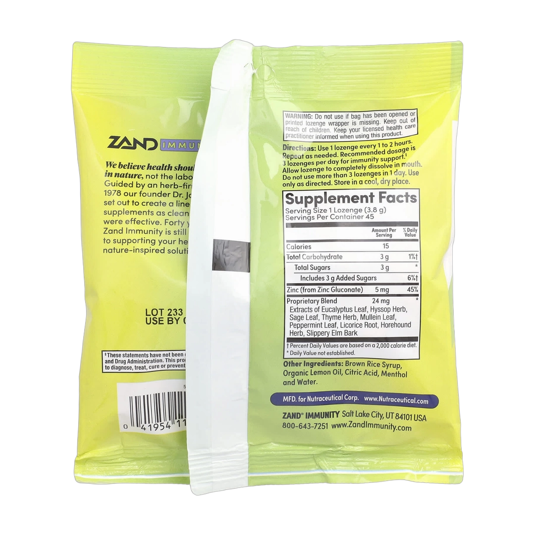 Zand, Immunity, Lemon Zinc, Natural, 45 Lozenges back packaging view