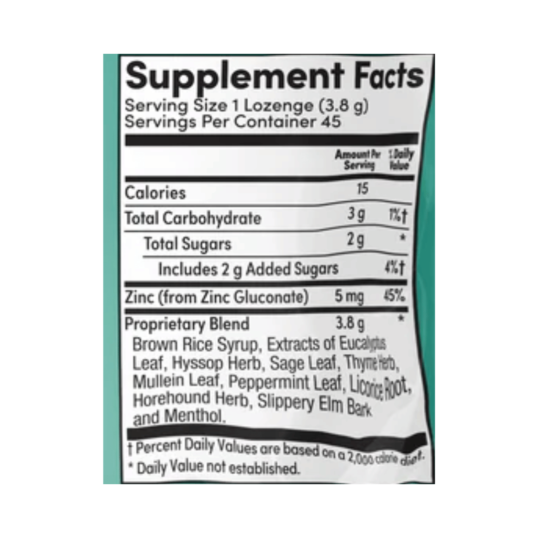 Zand, Immunity™, Menthol Lozenges, 45 Lozenges supplement facts label showing ingredients, vitamins, minerals, and serving information