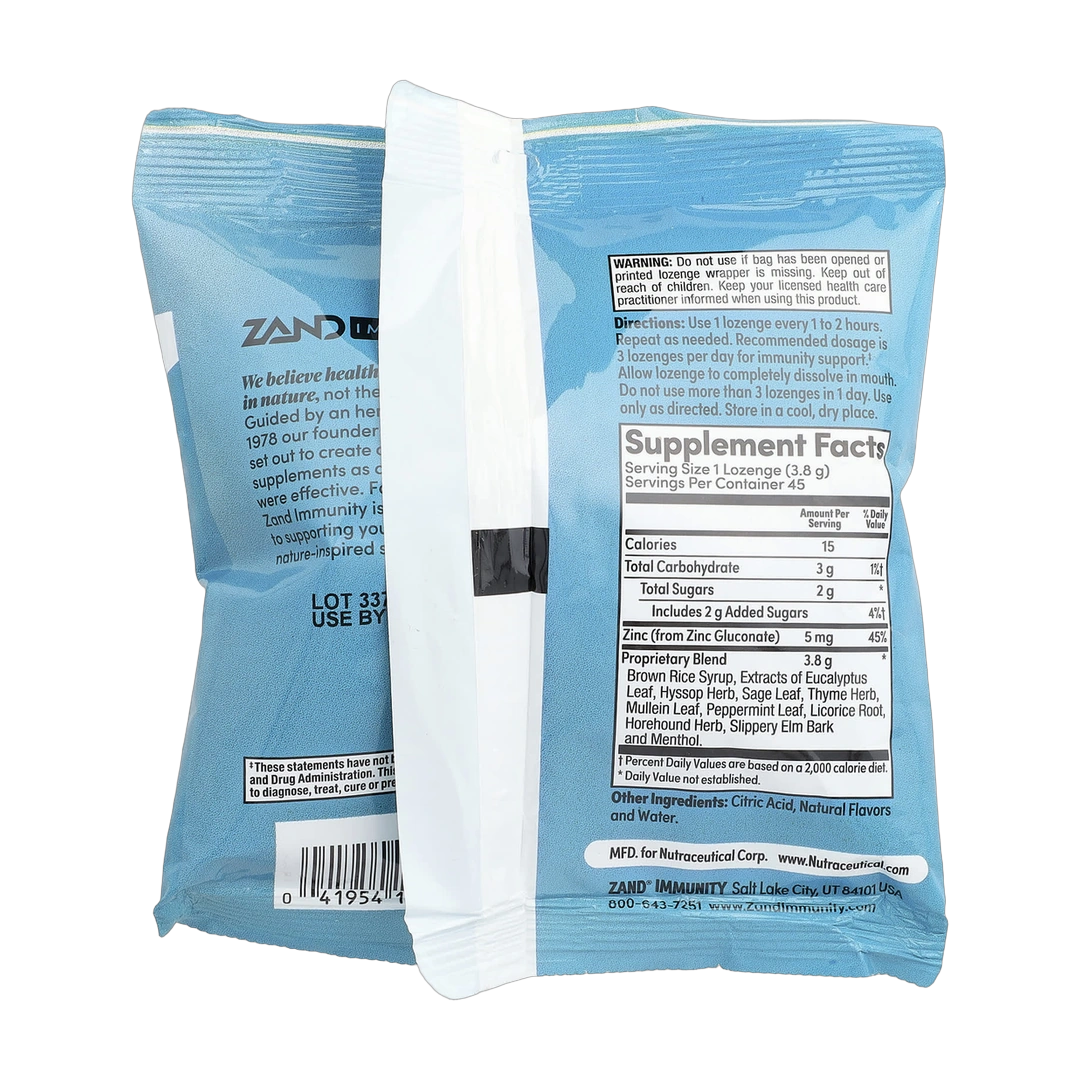 Zand, Immunity, Menthol Lozenges, 45 Lozenges back packaging view