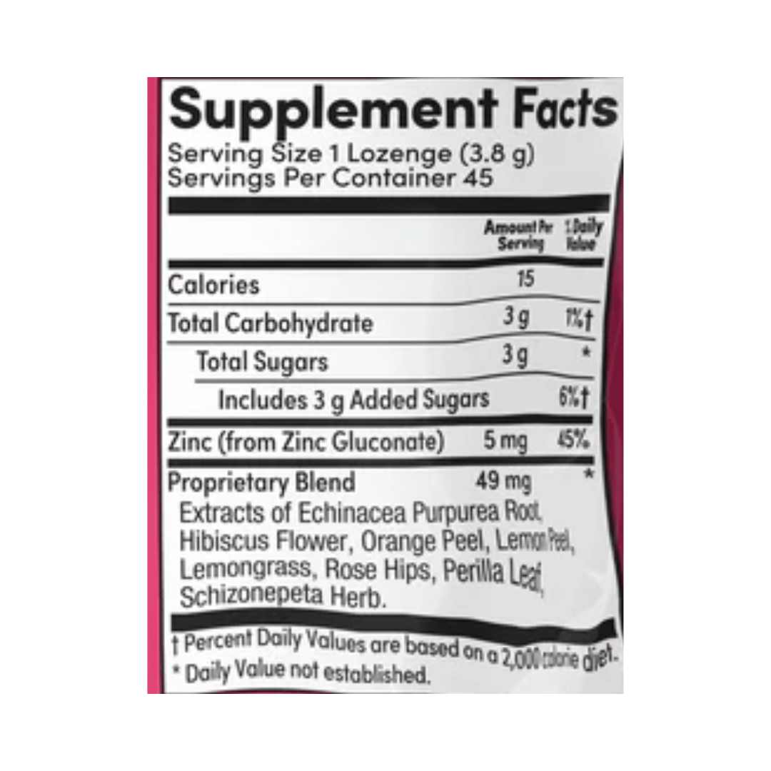 Zand, Immunity, Cherry Echinacea Zinc, Natural, 45 Lozenges supplement facts label showing ingredients, vitamins, minerals, and serving information